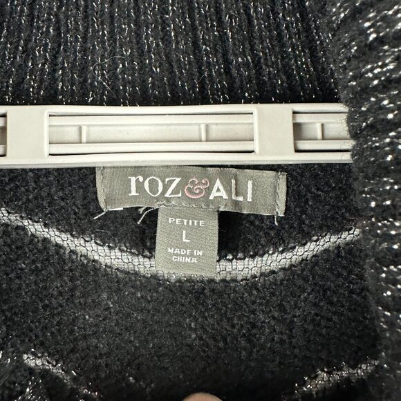 ROZ & ALI WOMEN'S BLACK w/ SILVER METALLIC, COWL NECK SWEATER, L LARGE - Picture 2 of 9